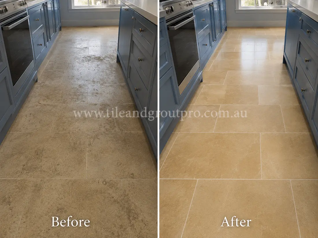 Before tile renewal, the limestone kitchen floor tiles appeared dull and worn with visible etching and grime between blue cabinetry.