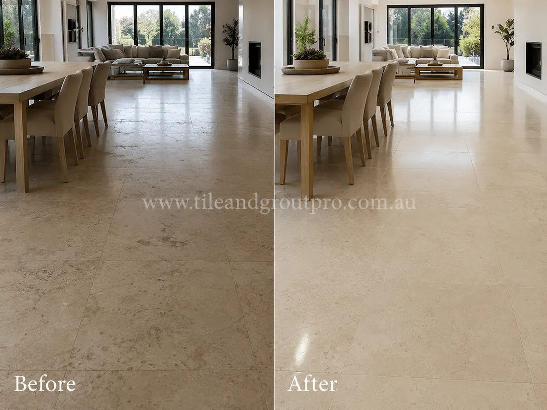Before tile renewal, the limestone living and dining room floor appeared dull and lightly stained with visible wear across the open-plan residential interior.
