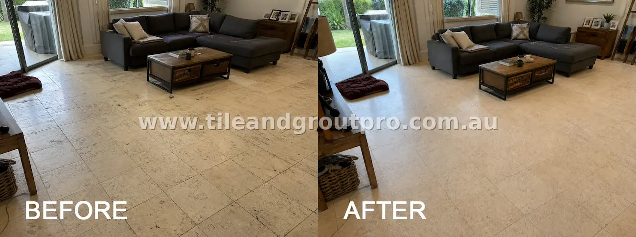 Limestone living room floor tiles with visible grime, scattered stains, and dull appearance before cleaning, shown refreshed with cleaner grout lines and a more uniform finish after tile and grout cleaning