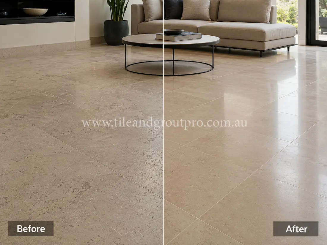 Natural limestone floor in a contemporary living room displaying surface scratches, dull traffic areas, and loss of shine before tile resurfacing.