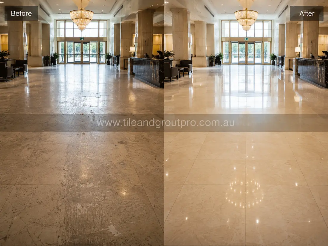 Large commercial lobby with beige limestone floor tiles showing heavy traffic wear, scratches, dullness, and etching before professional tile resurfacing and polishing.