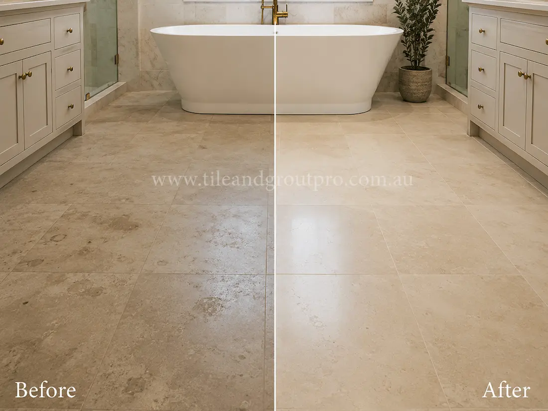 Before tile renewal, the limestone master bathroom floor displayed dullness, moisture staining, and worn stone texture beneath the freestanding bathtub.