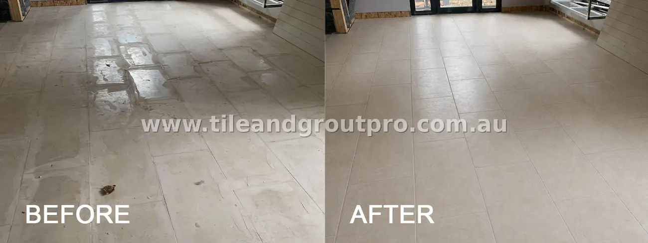 Open-plan limestone tiled floor with heavy residue, streaking, and uneven discoloration before cleaning, shown restored to a clean, consistent finish after tile and grout cleaning