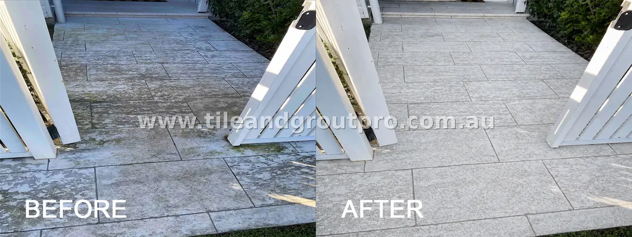 Outdoor limestone entry walkway tiles with heavy surface soiling, dark staining, and algae buildup before cleaning, shown restored to a clean, even finish after tile and grout cleaning