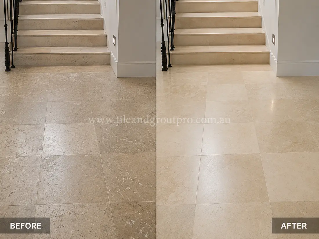 Natural limestone floor and stair landing with a worn, matte appearance and light etching before professional tile resurfacing and restoration.