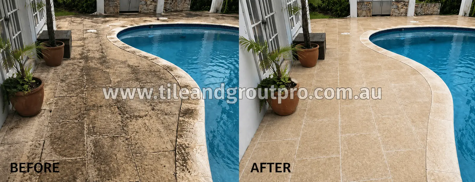 Poolside limestone tile restoration before and after showing removal of dark stains and restored natural stone color