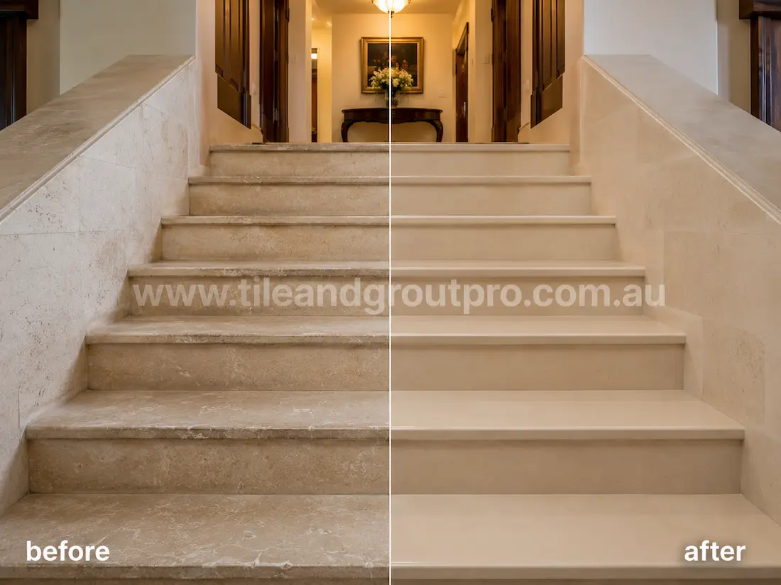 Residential limestone staircase before grinding, showing dull stone surfaces, edge wear, visible scratches, and uneven finish on stair treads and risers.
