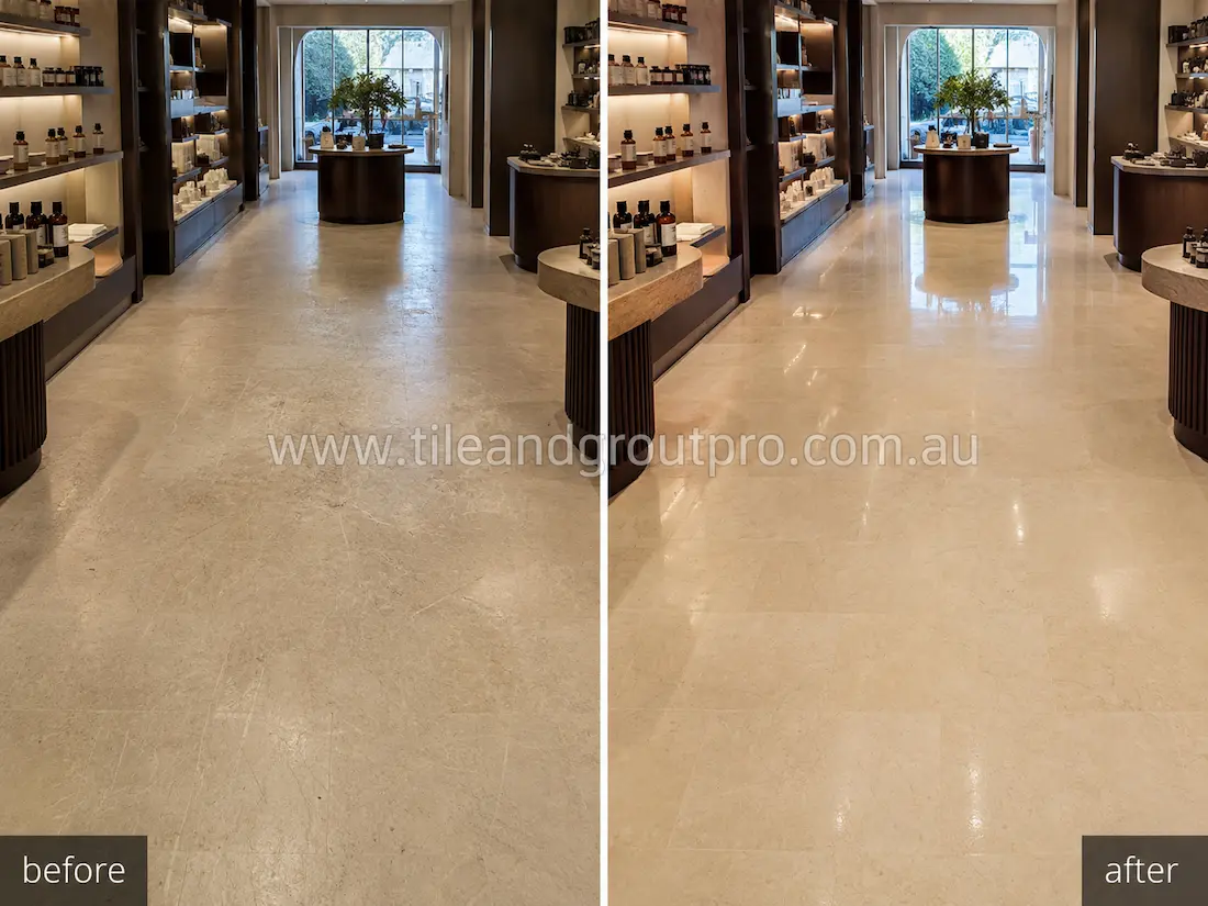 Luxury spa showroom limestone floor before grinding, featuring visible scratches, dull traffic areas, worn polish, and low reflectivity under warm interior lighting.