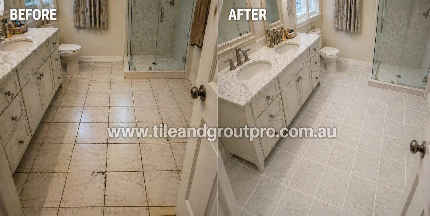 Bathroom marble tile floor before and after regrouting showing clean grout lines and restored shower area tiles