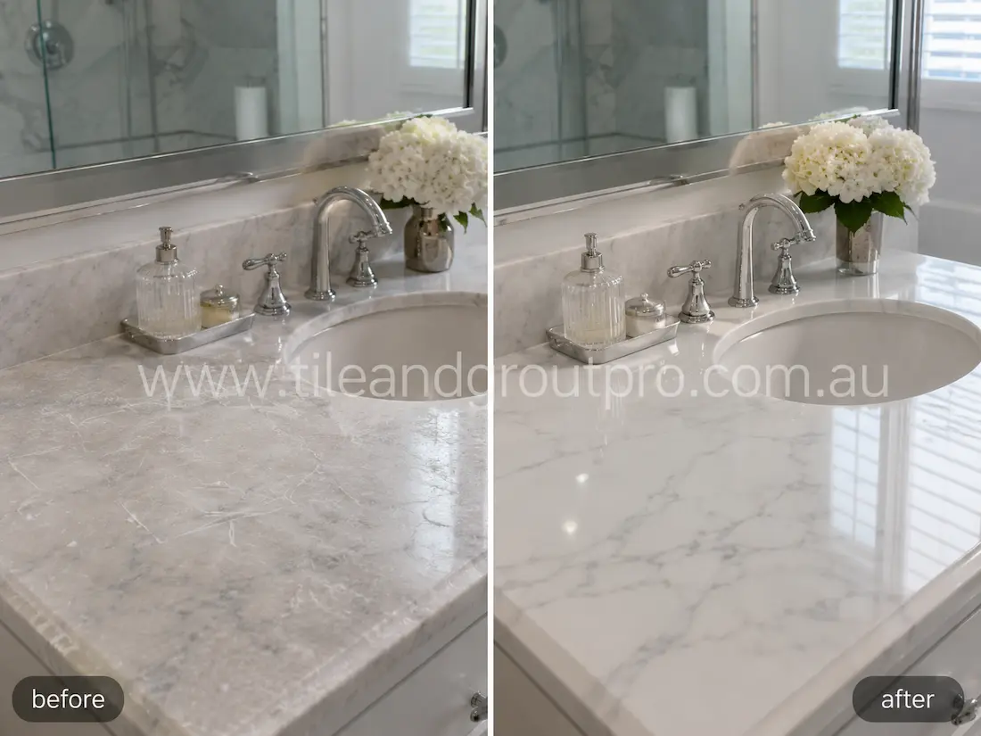 Bathroom marble vanity countertop before grinding, showing dull etching, surface haze, light scratches, and worn polish around the sink and faucet area.