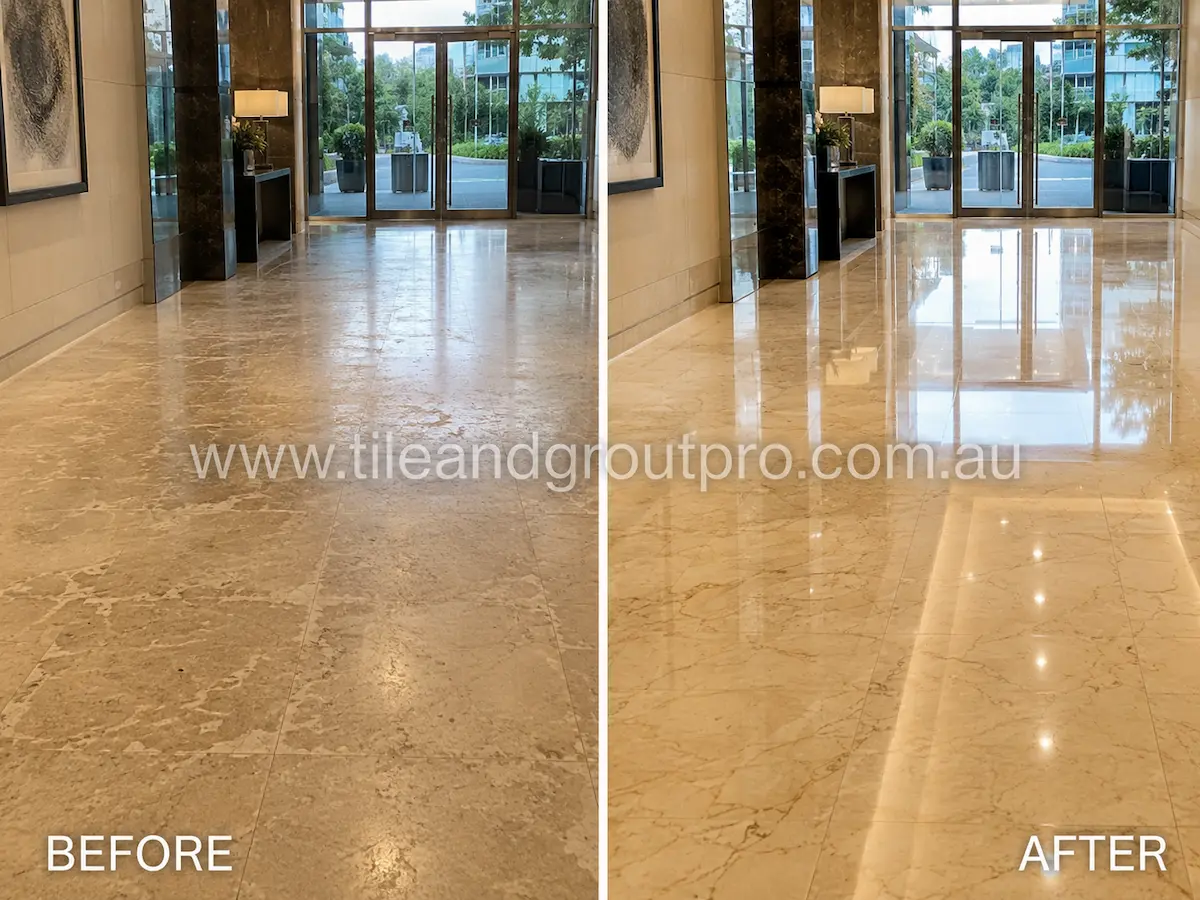 Before-and-after comparison of commercial lobby marble floor tiles with worn sealer residue, uneven finish, and reduced gloss before Sealer Stripping.