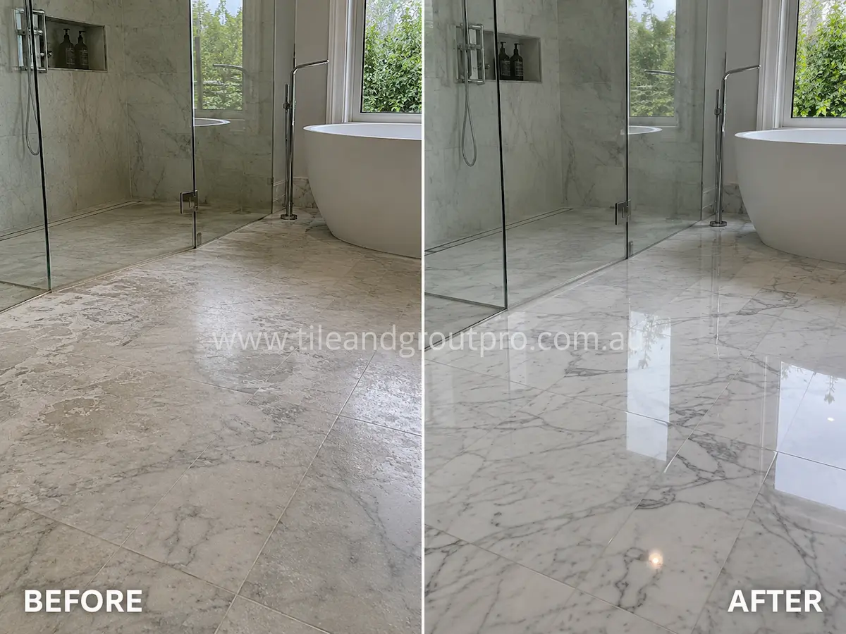 Before-and-after comparison of white marble bathroom floor tiles with dull sealer buildup, cloudy surface haze, and low shine before Sealer Stripping.