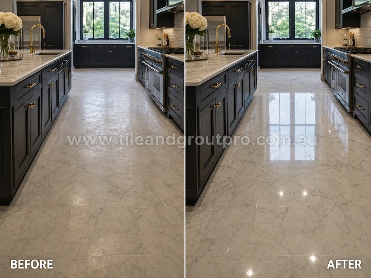 Before-and-after comparison of marble kitchen floor tiles with faded sealer coating, cloudy finish, and low reflectivity before Sealer Stripping.
