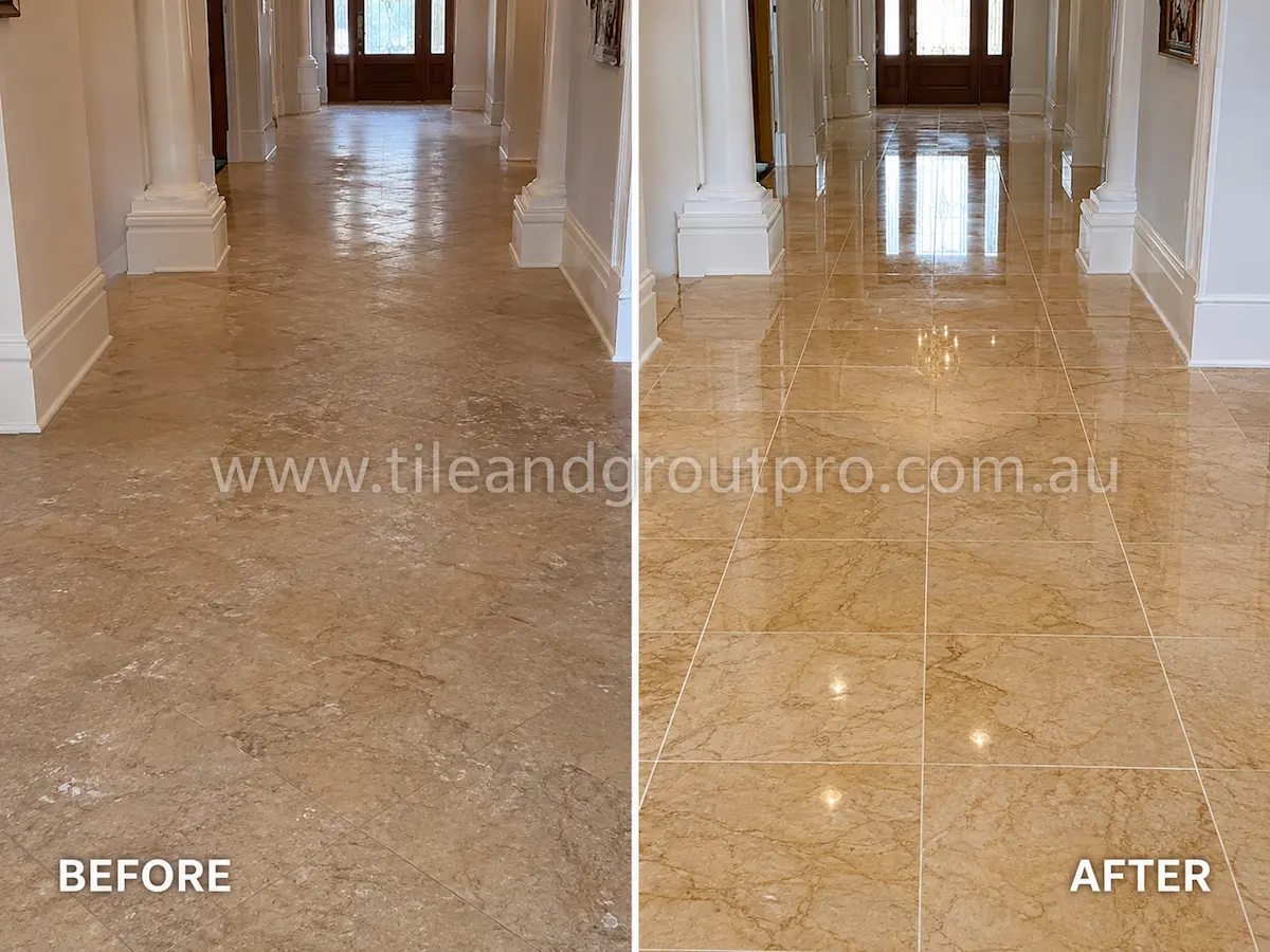 Before-and-after comparison of residential hallway marble floor tiles showing dull sealer haze, patchy appearance, and surface wear before Sealer Stripping.