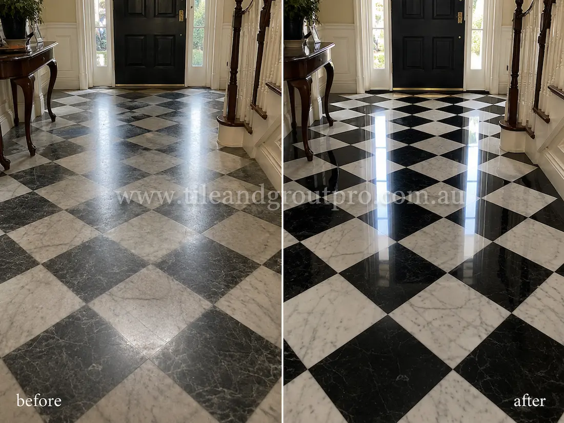 Checkerboard black and white marble floor in a residential foyer showing a worn, low-gloss surface before tile resurfacing and polishing.