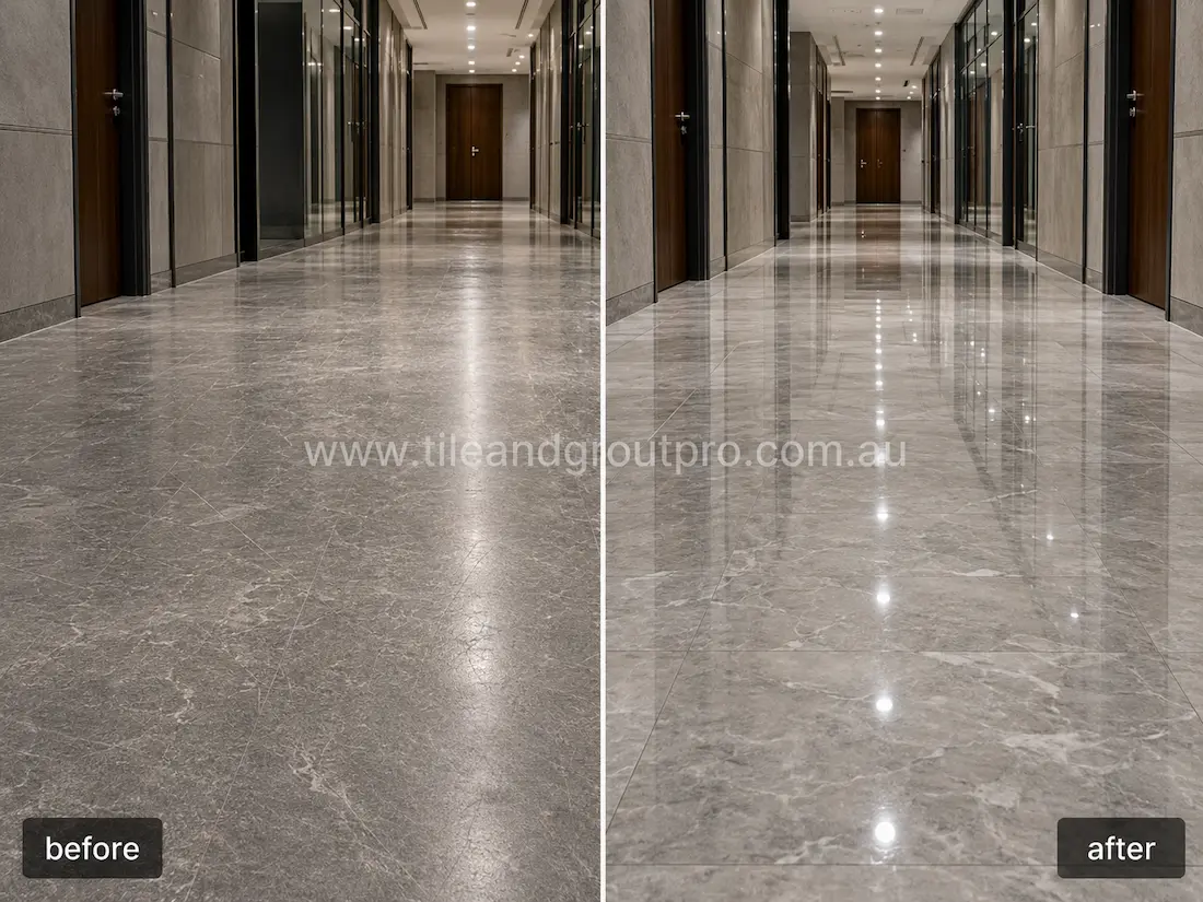 Commercial office corridor with grey marble floor tiles before grinding, displaying dull traffic wear, surface scratches, uneven sheen, and light etching along the hallway.