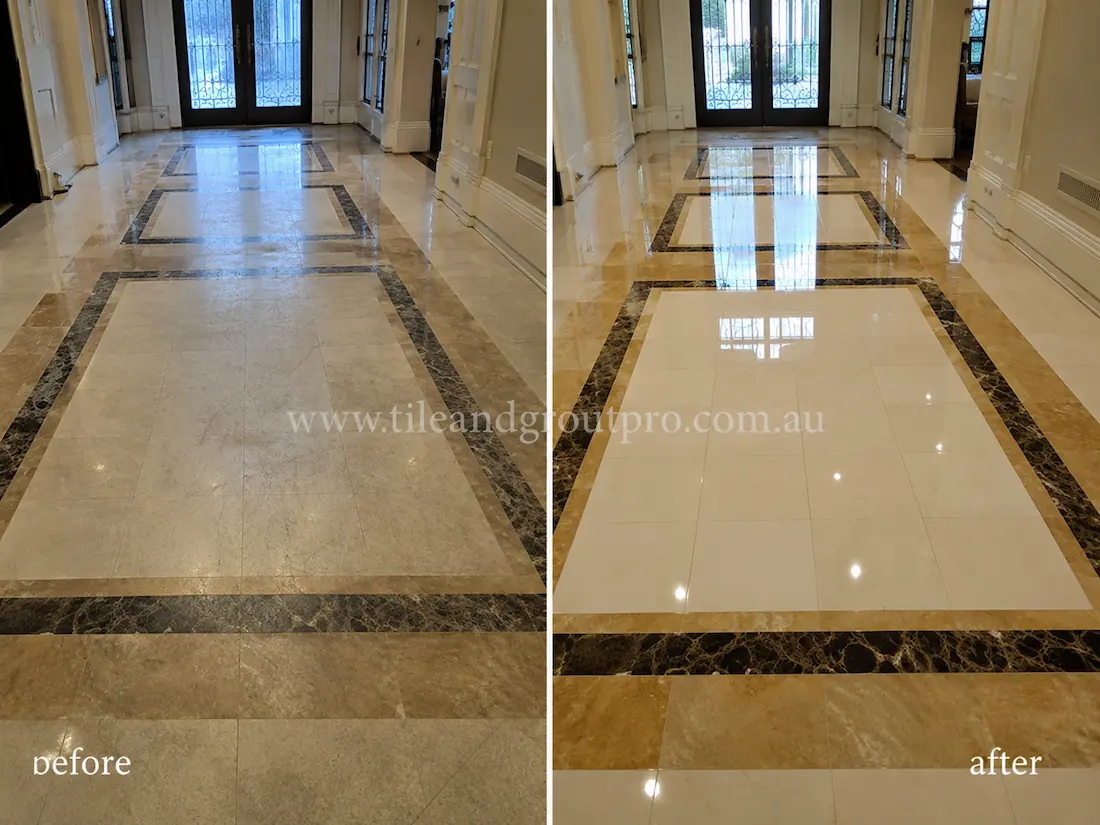 Cream marble hallway floor with dark marble border before and after scratch removal, showing hazy worn tiles restored to a clean high-gloss finish.