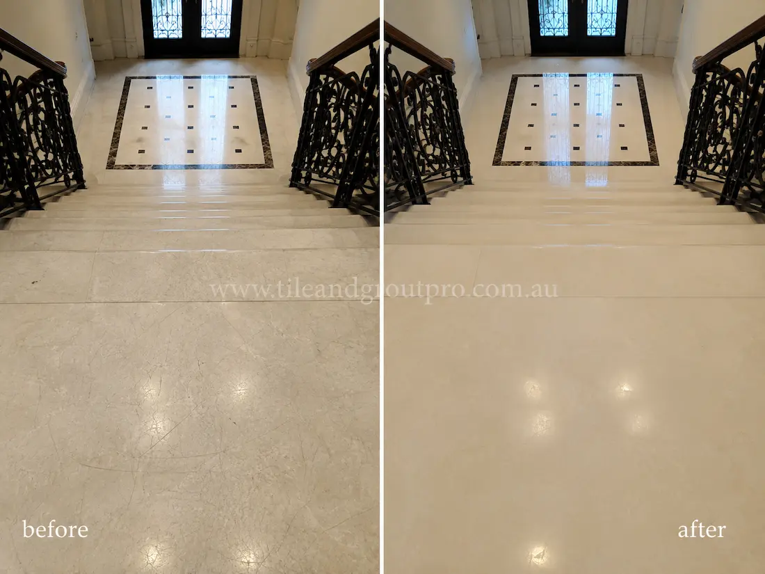 Cream marble staircase and landing before and after scratch removal, showing visible surface scratches and worn stone refinished to a smooth polished appearance.
