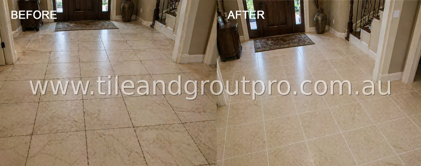 Entryway marble tile flooring before and after regrouting with uniform grout lines and refreshed appearance