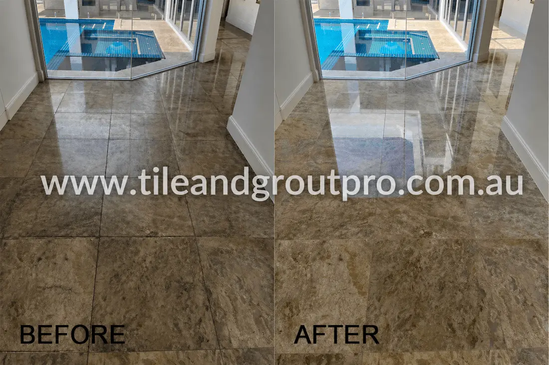 Indoor marble floor polishing before and after showing restored shine and enhanced natural stone finish