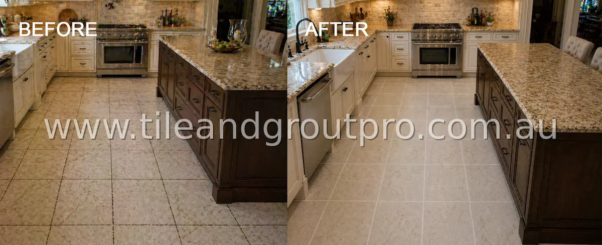 Kitchen marble tile floor before and after regrouting with restored grout lines and improved surface cleanliness
