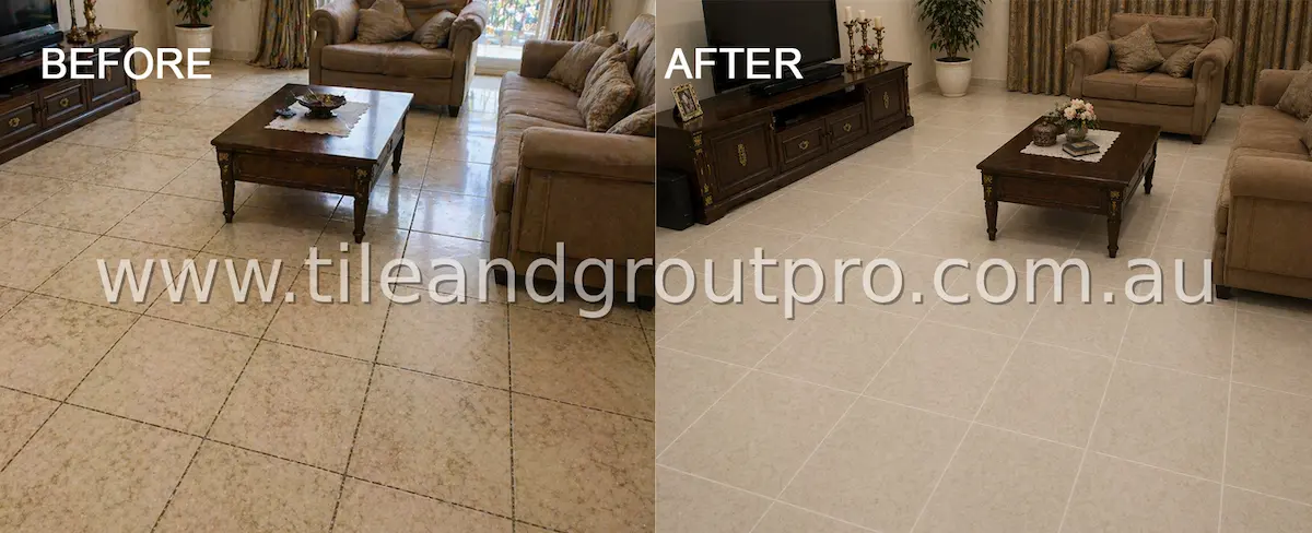 Living room marble tile floor before and after regrouting with polished finish and bright clean grout lines