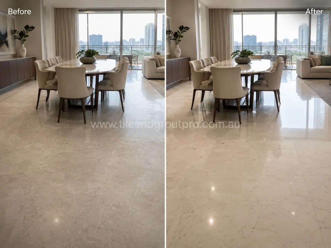 Large marble dining room floor tiles with hazy finish and reduced reflection before residential stone polishing service.