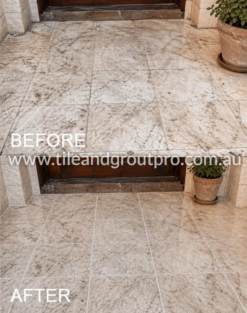 Front entrance marble floor restoration before and after showing stain removal and clean grout lines