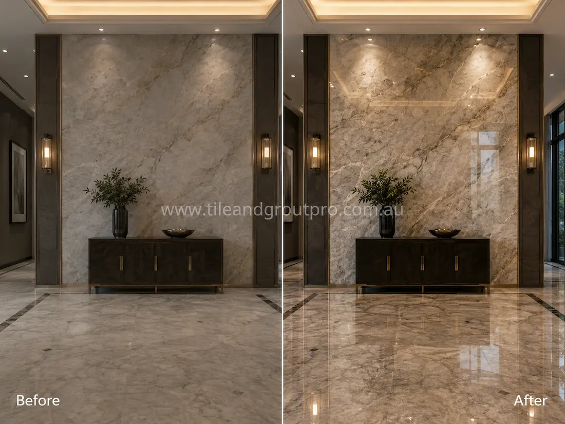 Commercial marble lobby floor and feature wall with dull appearance and light surface wear before professional stone polishing.