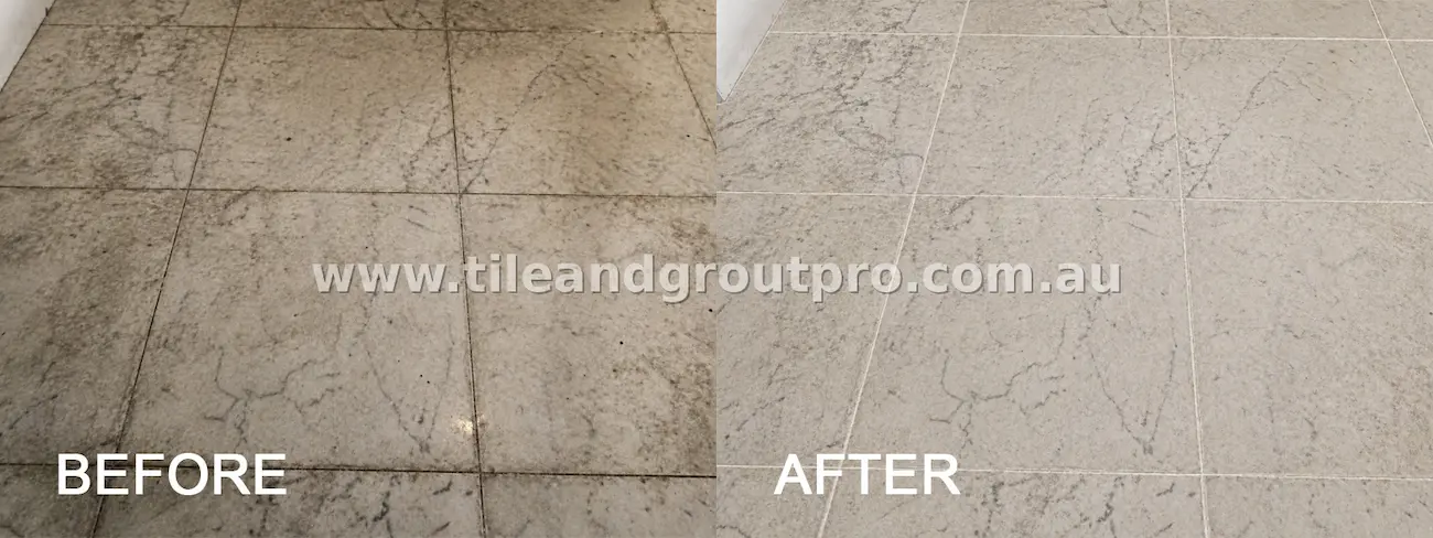 Indoor marble floor tiles with visible dirt buildup, dark grout lines, and surface grime before professional tile and grout cleaning