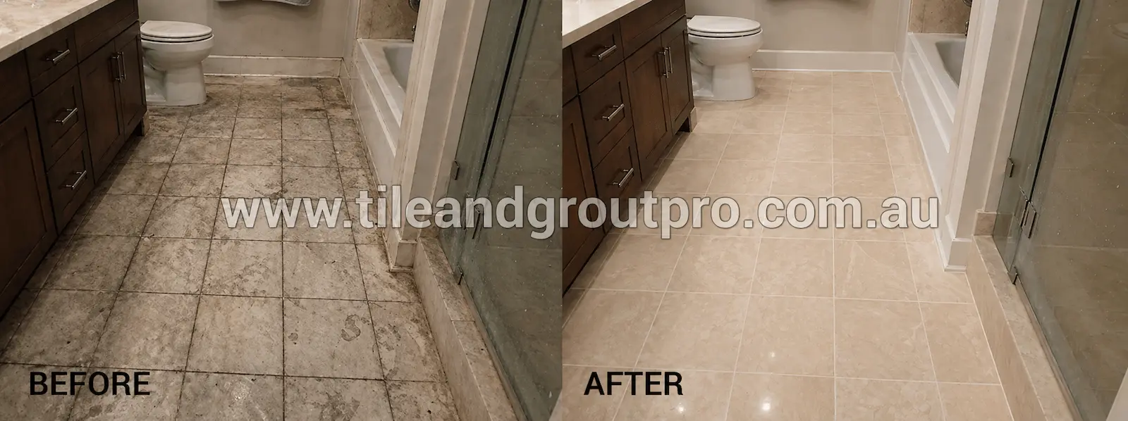 Bathroom marble floor restoration before and after showing deep cleaning and polished grout lines