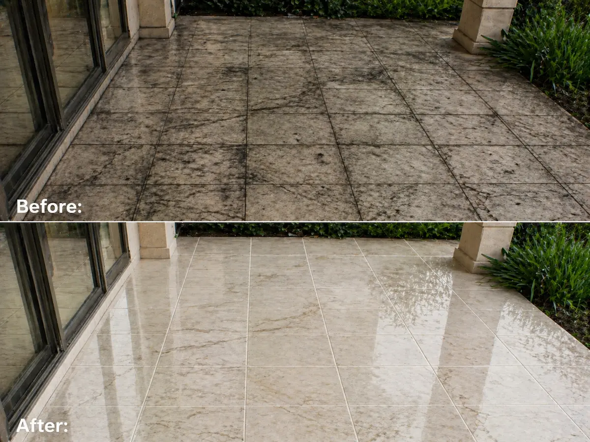 Outdoor covered marble patio tiles with heavy dirt buildup, dark staining, and soiled grout lines before cleaning, shown alongside a restored polished surface after tile and grout cleaning