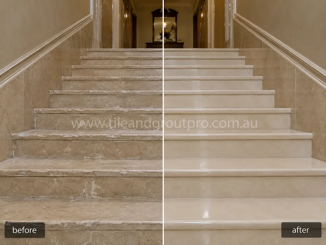 Residential marble staircase before grinding, featuring etched stone surfaces, dull finish, edge wear, and visible scratches across the stair treads and risers.