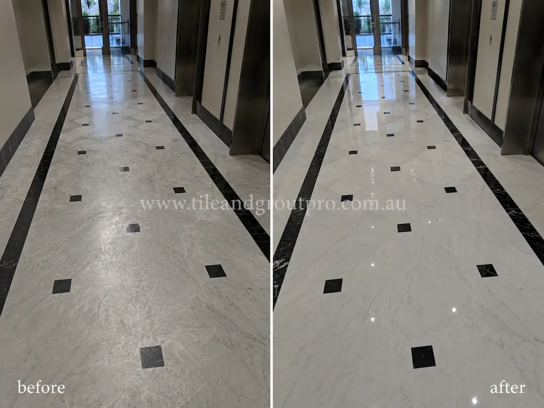 Commercial hallway with white marble flooring before and after scratch removal, showing scratched and hazy marble restored to a clean polished reflective finish.