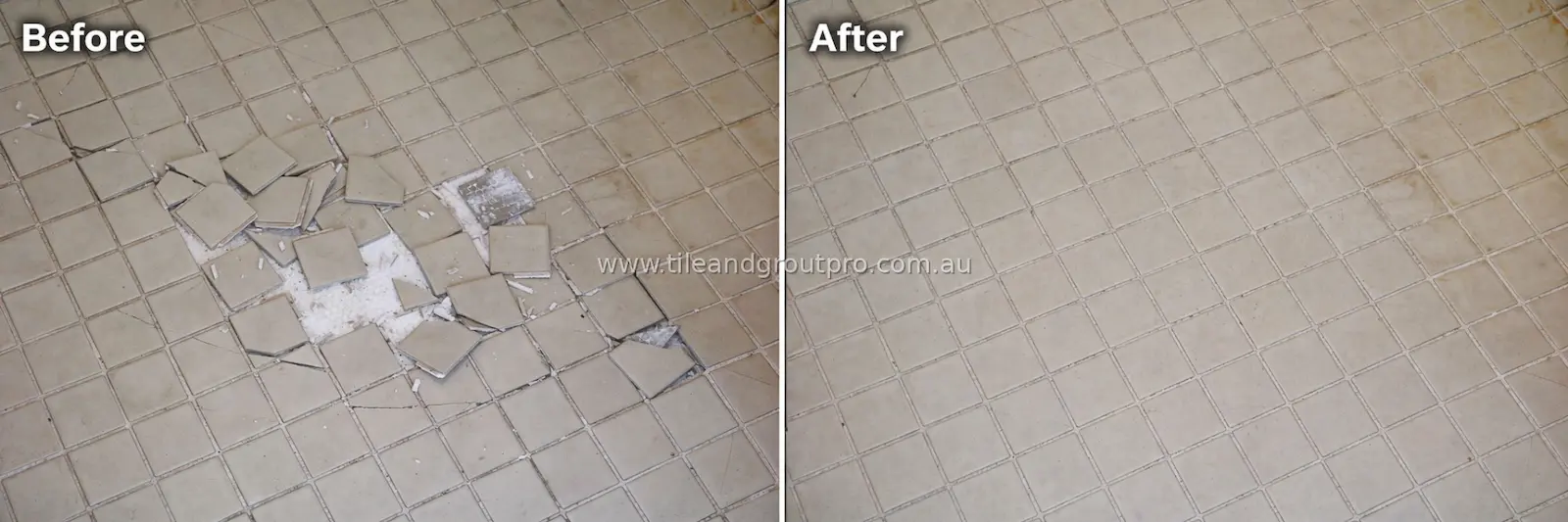 Floor tiles before and after repair showing cracked tiles replaced and grout restored