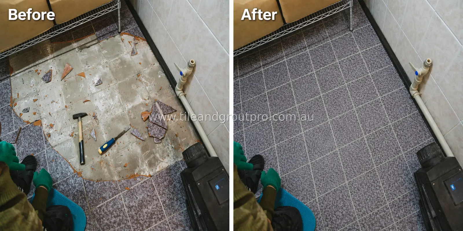 Damaged floor tiles before and after replacement with clean grout lines and restored surface