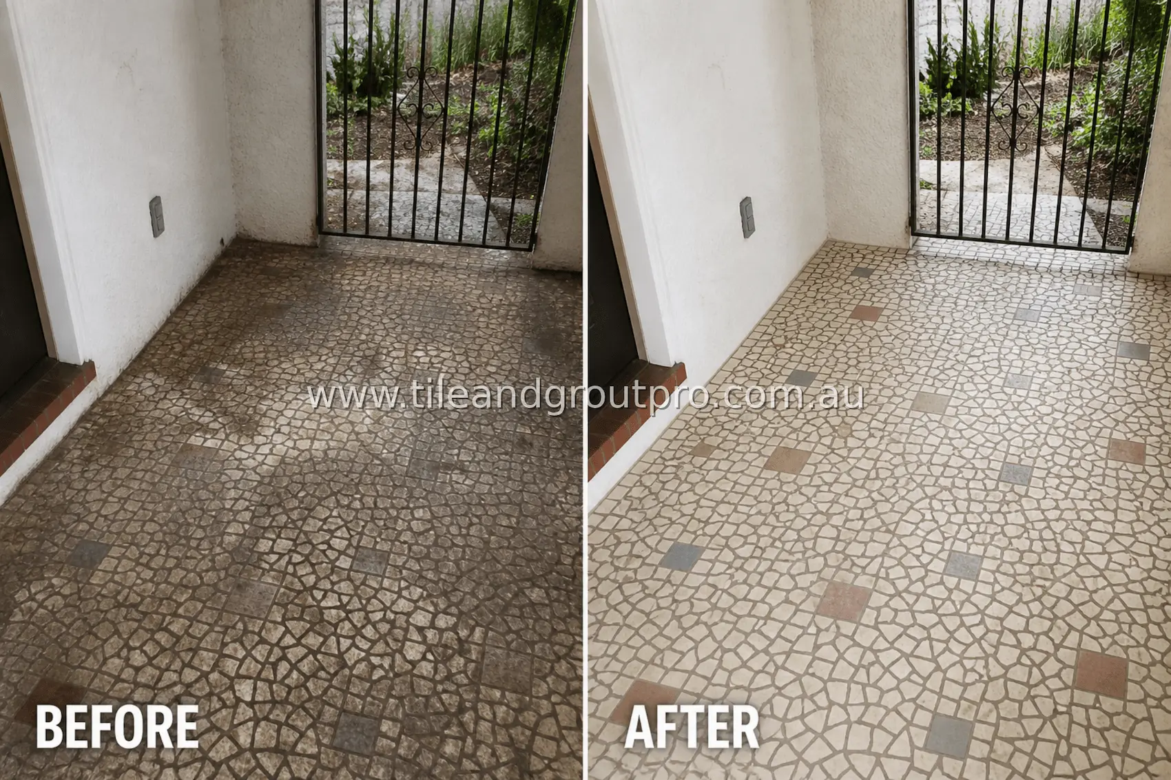 Small entryway mosaic tile floor near gate with visible grime, dark patches, and heavily soiled grout lines before professional cleaning