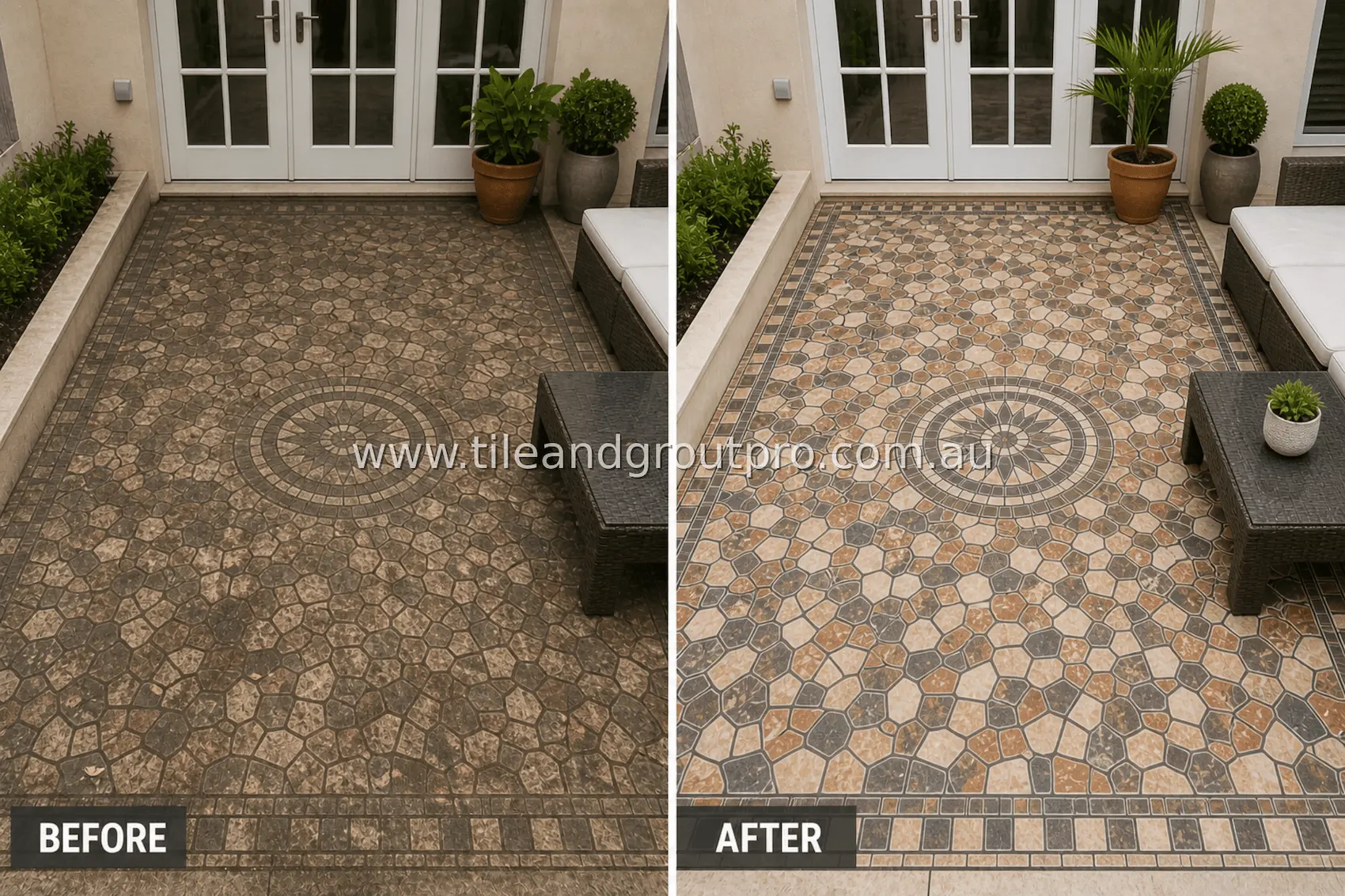 Outdoor mosaic tile patio floor with decorative medallion, showing embedded dirt, weathering, and darkened grout lines before tile and grout cleaning