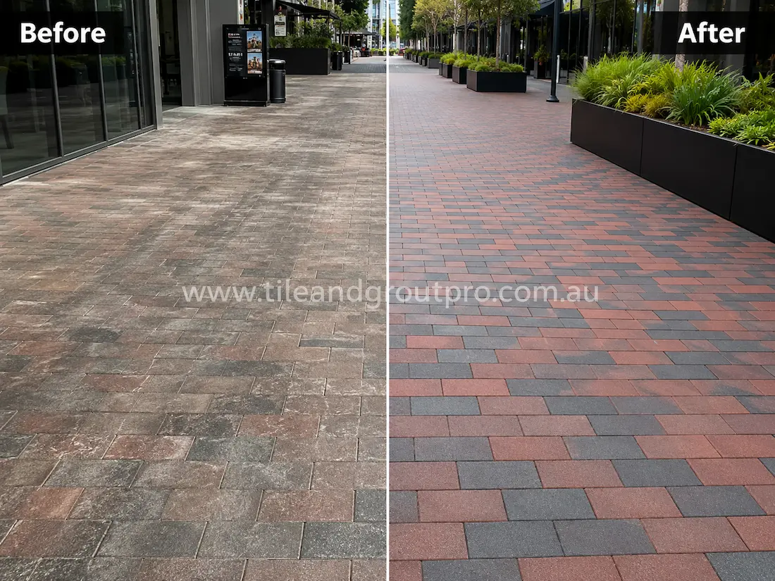 Commercial outdoor plaza with multicoloured brick pavers before sealer stripping, showing faded sealer residue, white hazing, and uneven surface colouring along a landscaped pedestrian walkway.
