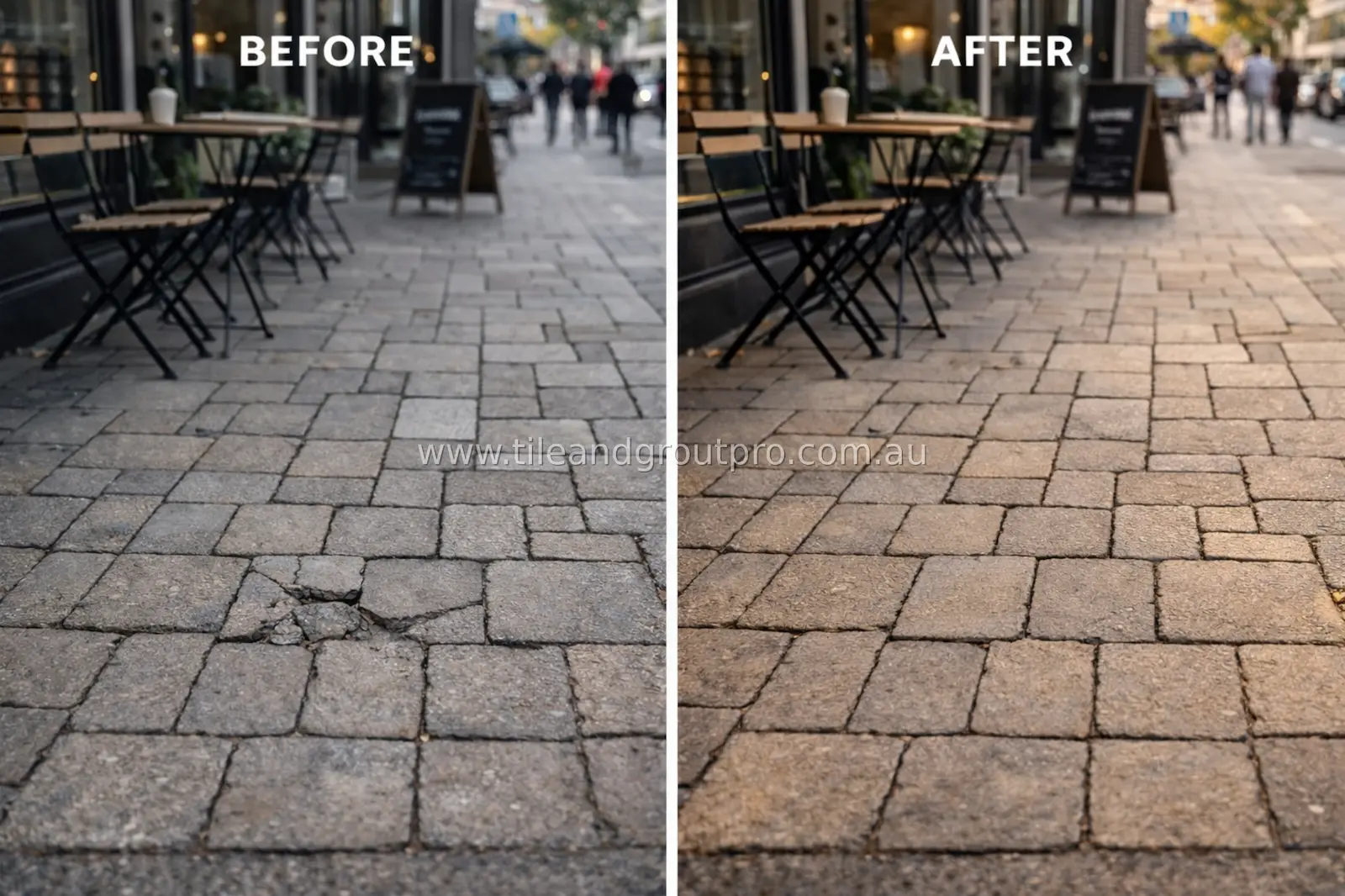 Commercial sidewalk pavers before and after repair showing smooth street surface