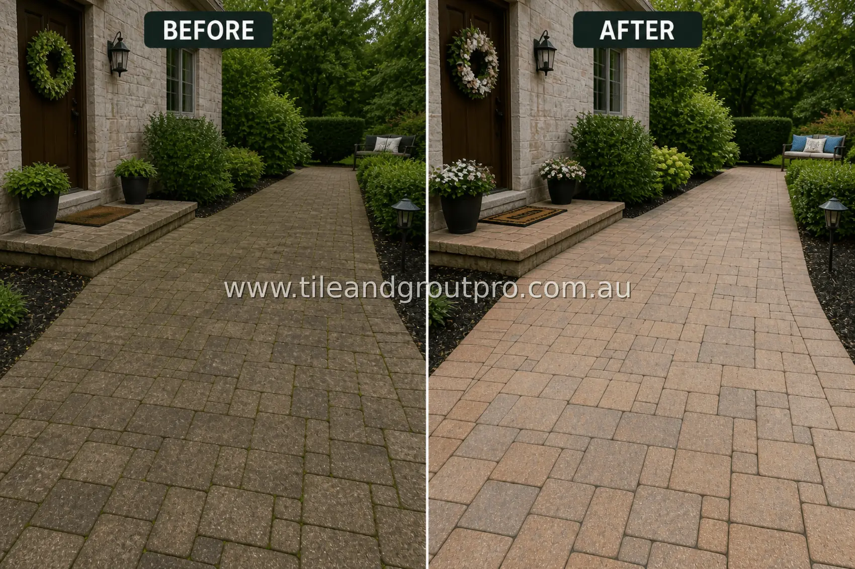 Concrete paver driveway patio area with heavy grime, moss in joints, and overall discoloration before professional exterior surface cleaning