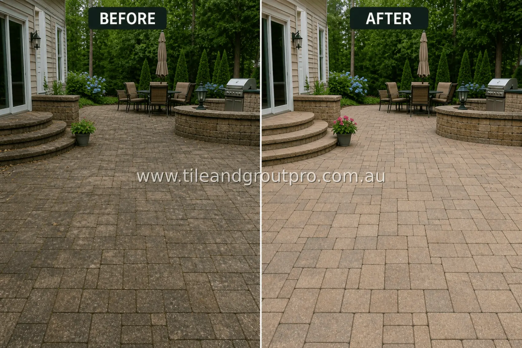 Concrete paver backyard patio with heavy dirt buildup, moss between joints, and dark staining around outdoor seating area before cleaning