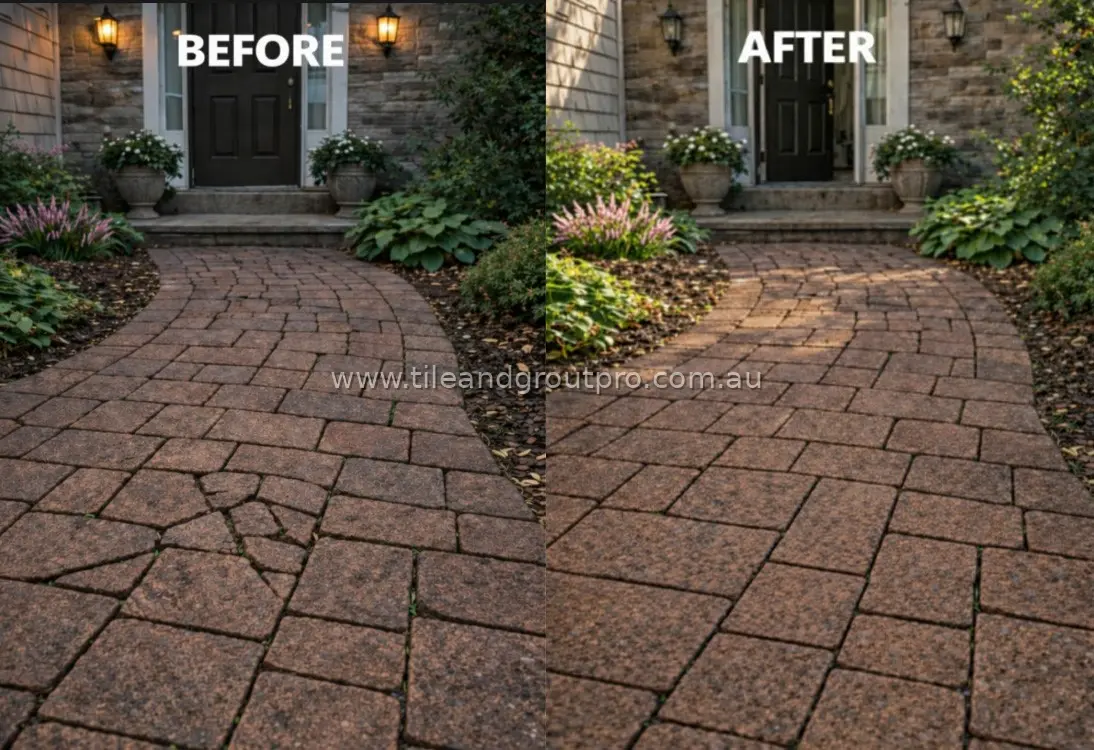 Entryway pavers before and after repair showing fixed cracked bricks near doorstep