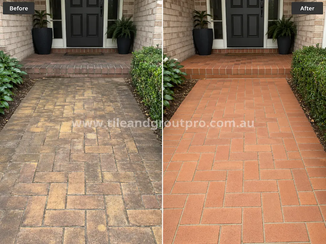 Residential front entrance with herringbone brick pavers before sealer stripping, showing faded sealer coating, discoloured patches, and uneven brick tones leading to the doorway.