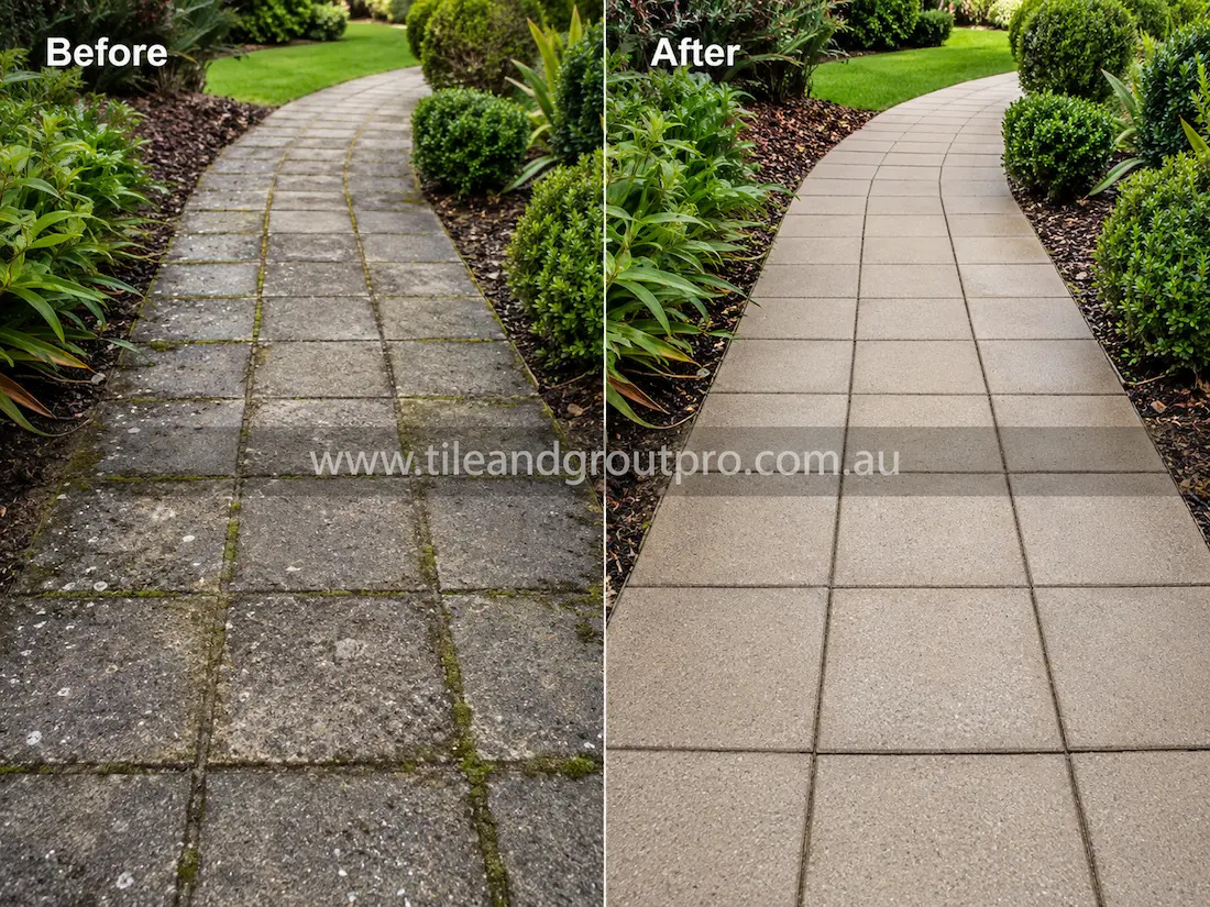 Curved garden pathway with square concrete pavers before sealer stripping, showing moss growth, dark staining, and worn sealer residue surrounded by landscaped garden beds.