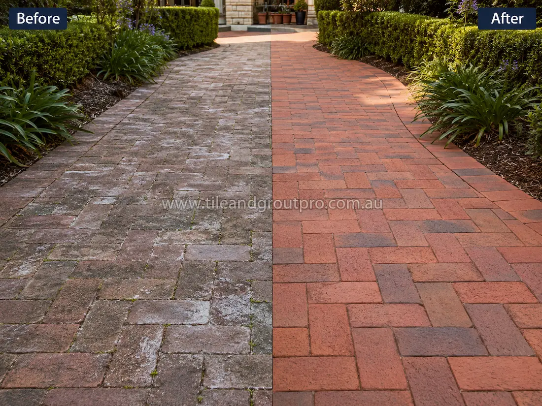 Curved outdoor garden pathway with red brick pavers before sealer stripping, showing white sealer residue, faded colouring, and weathered surface patches between landscaped greenery.