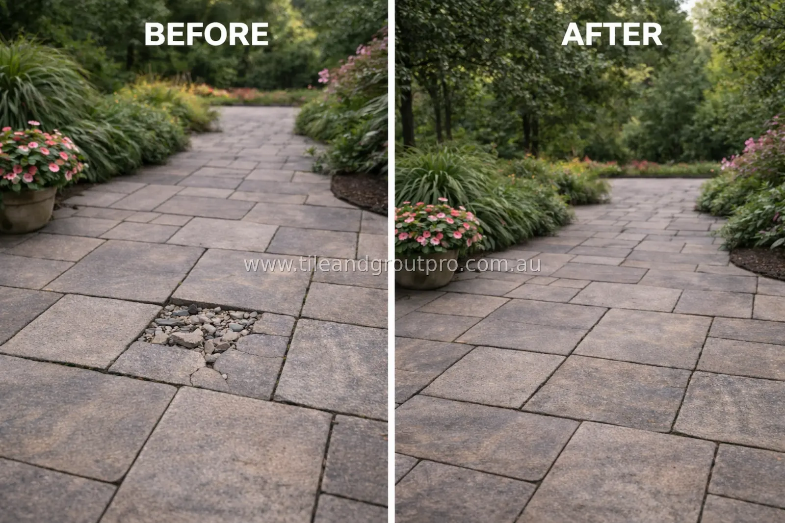 Garden paver pathway before and after repair showing smooth and even walkway