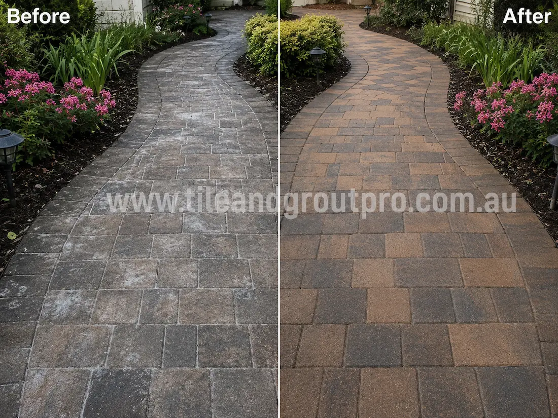 Curved garden walkway with concrete pavers before sealer stripping, showing white sealer haze, faded colouring, and patchy residue surrounded by landscaped flower beds and pathway lighting.