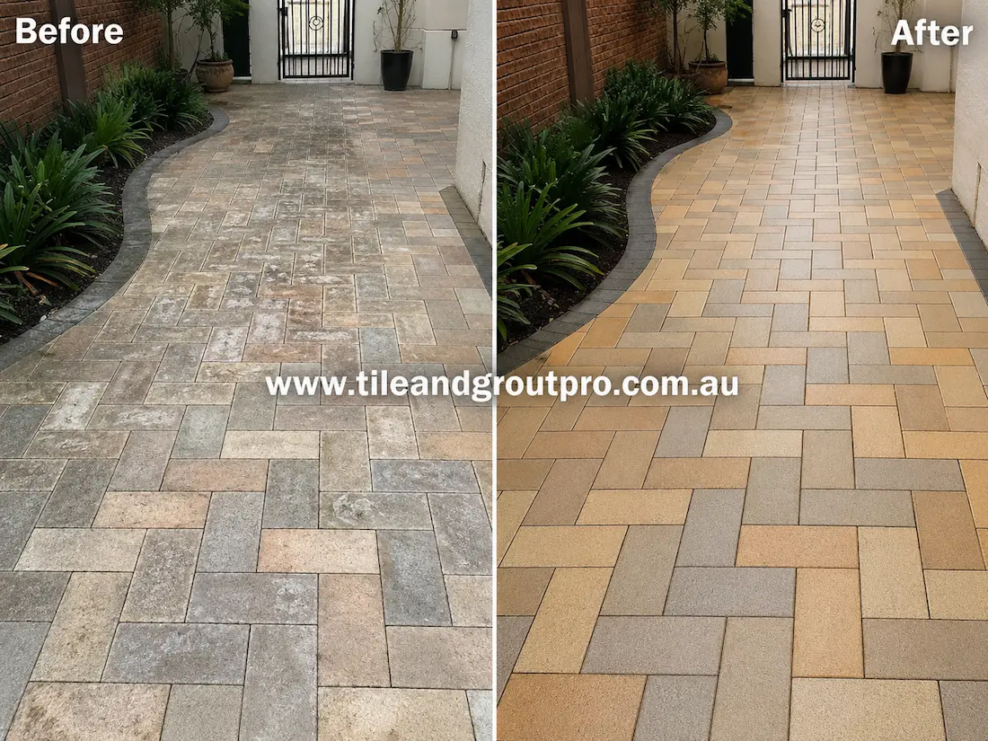 Residential courtyard with large rectangular concrete pavers before sealer stripping, displaying white sealer haze, patchy discolouration, and weathered surfaces beside garden edging and brick walls.