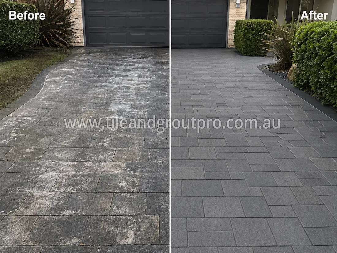 Residential driveway with dark concrete pavers before sealer stripping, showing extensive white hazing, faded sealer coating, and uneven surface appearance near landscaped gardens and garage.